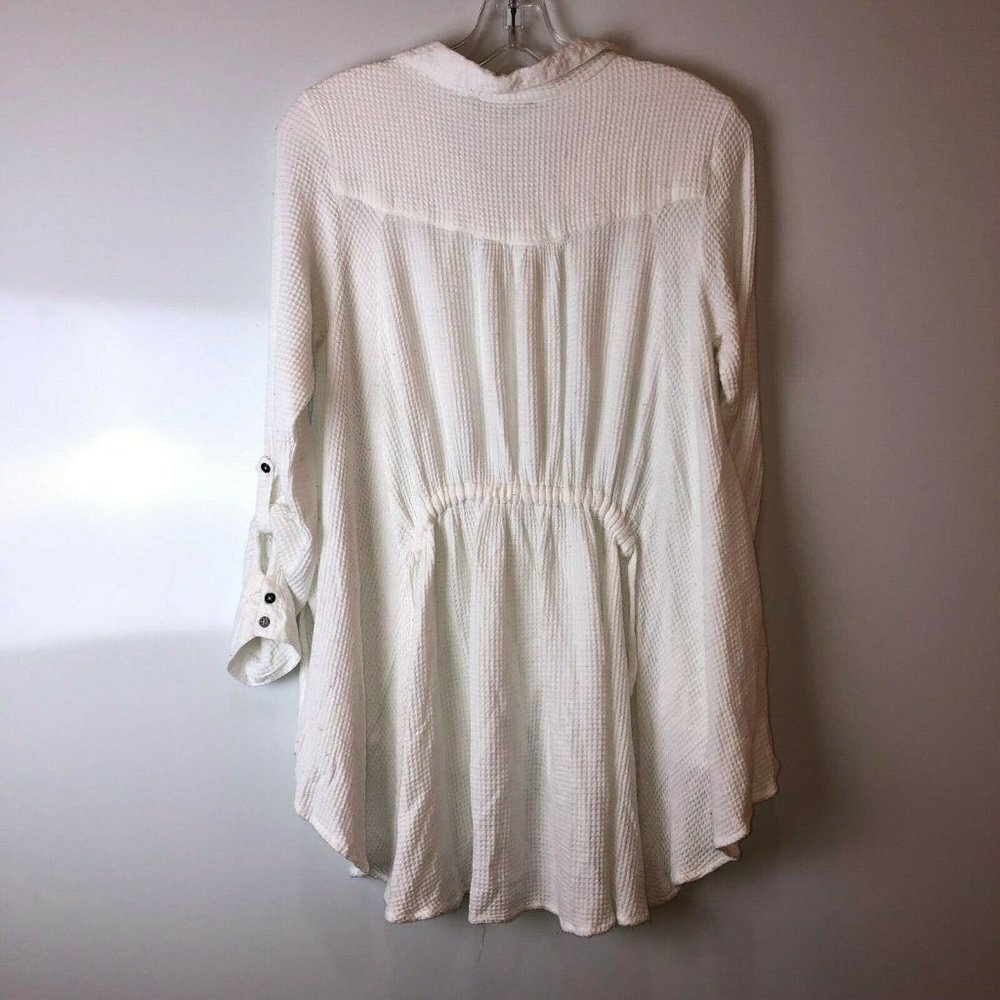 Tru Luxe Women's Large Button Up Shirt Collared Long Sleeve White Waffle Weave - Picture 6 of 12